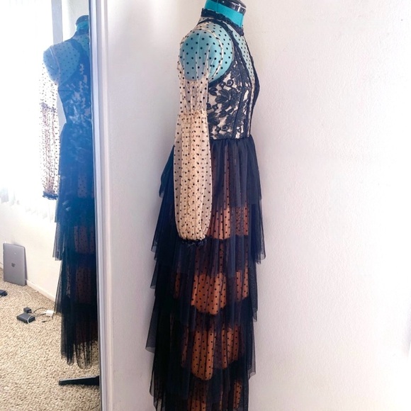 BLACK GOTHIC PEACH ORANGE LACE CORSET RUFFLE CHIFFON DRESS WITH A SLIT. SZ M. - Picture 2 of 5